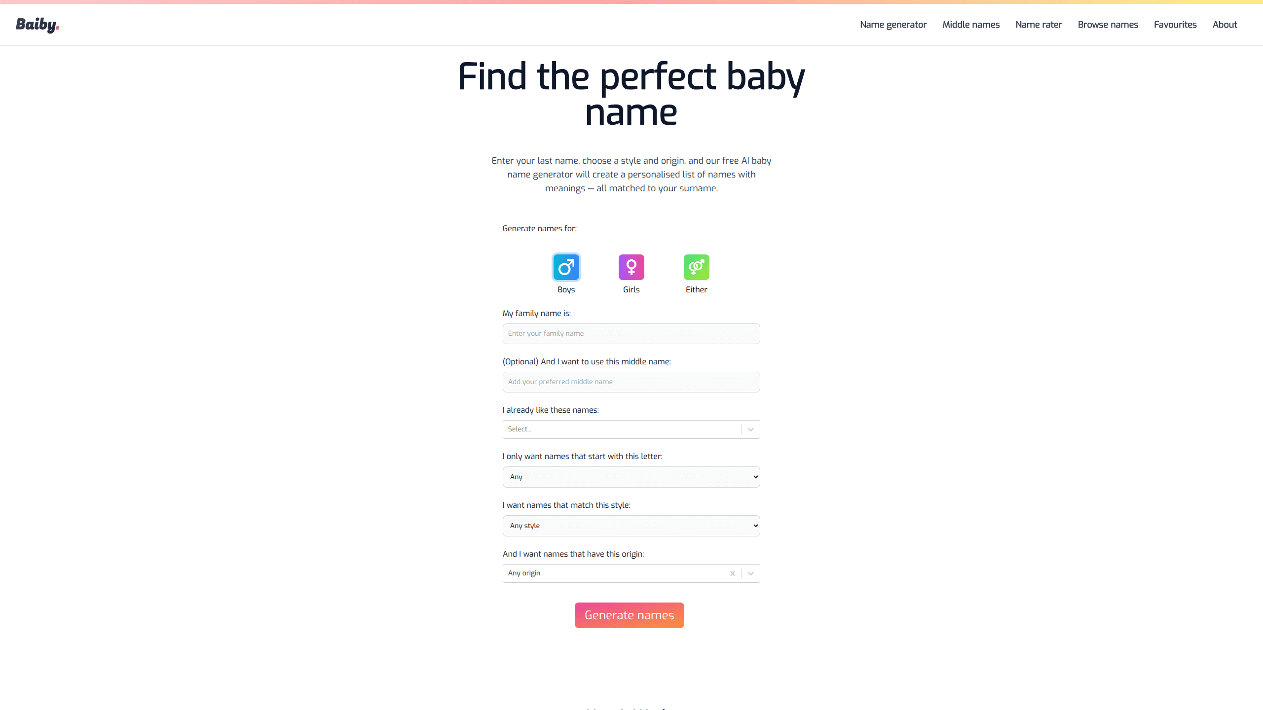 Interface preview of Baiby Baby Name Generator
