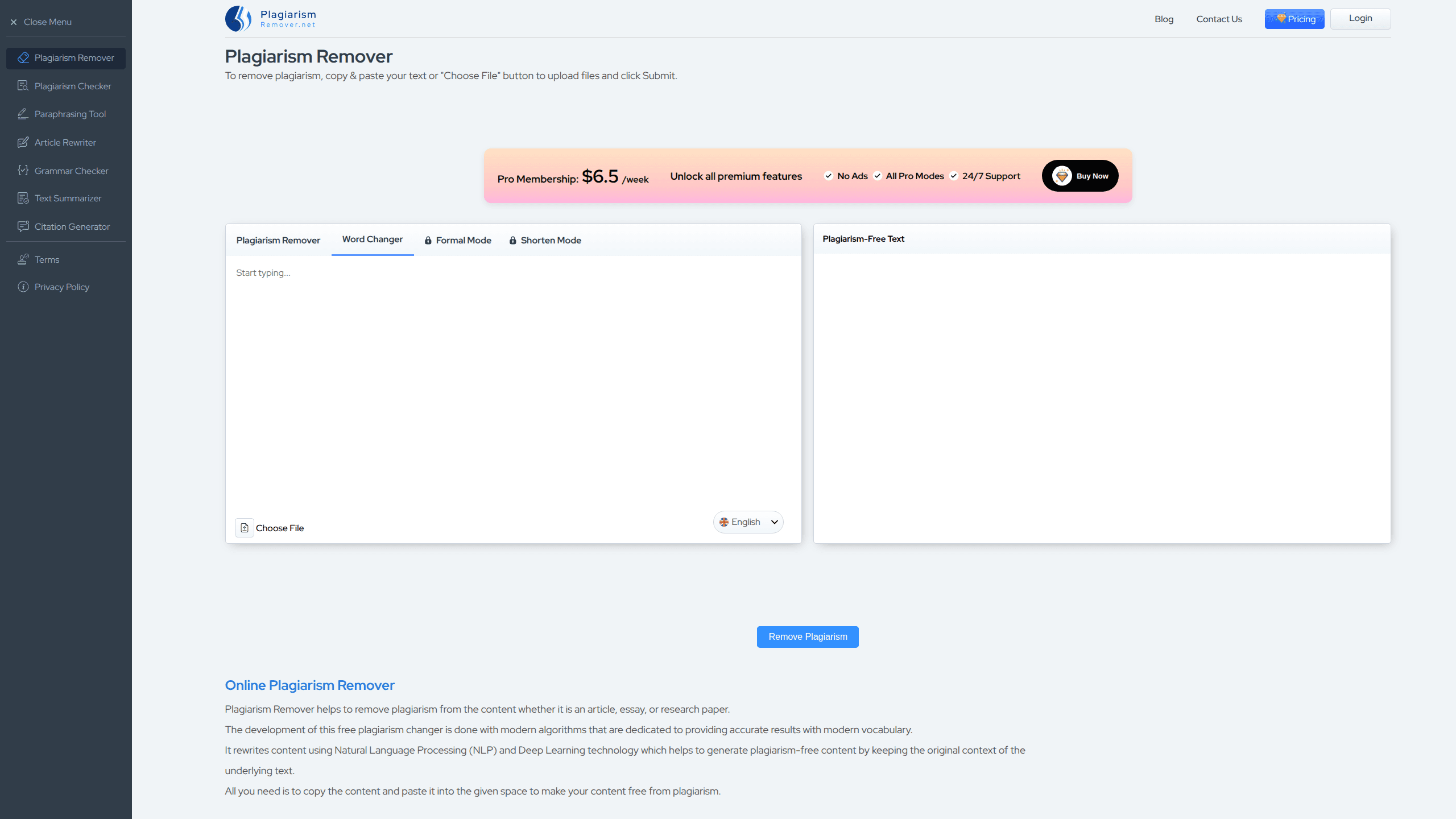 Interface preview of Plagiarismremover