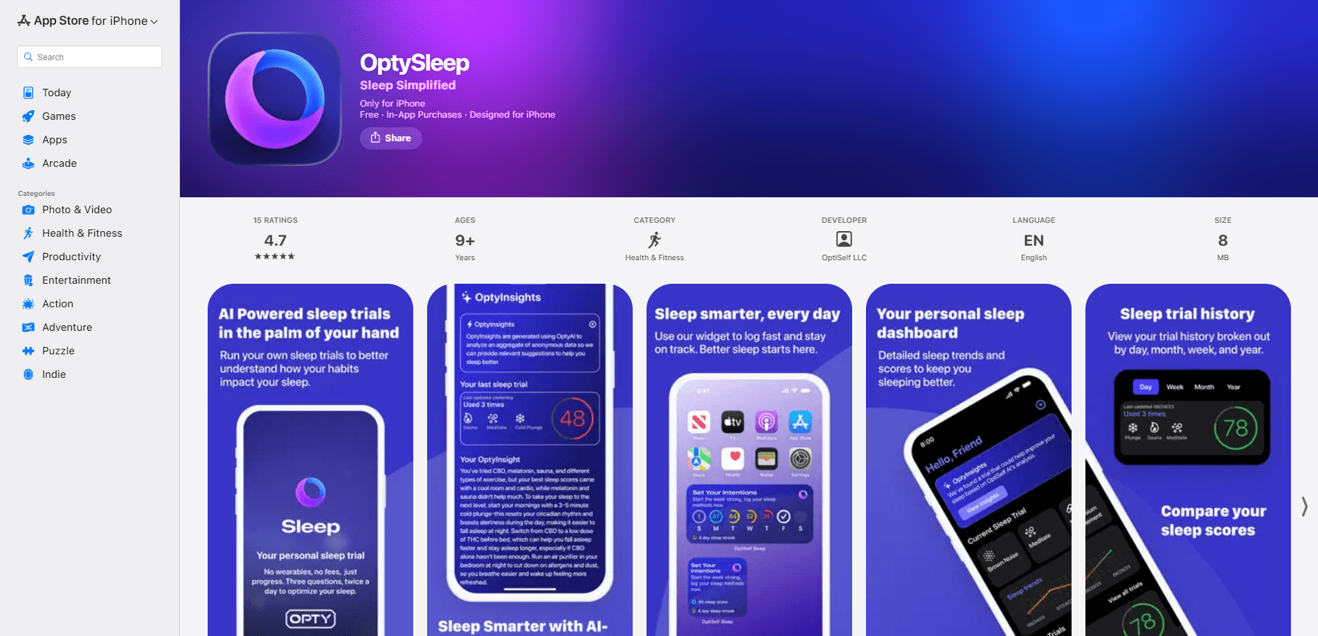 Interface preview of OptySleep