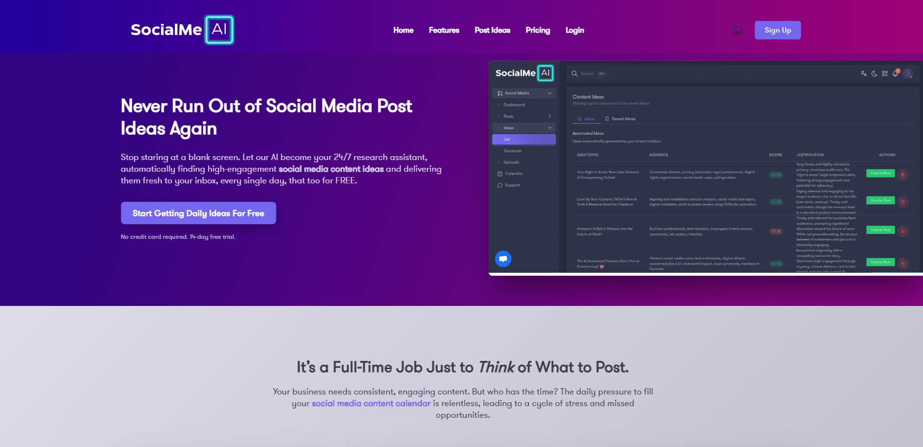 Vista previa de la interfaz de AI-Researched Social Media Post Ideas