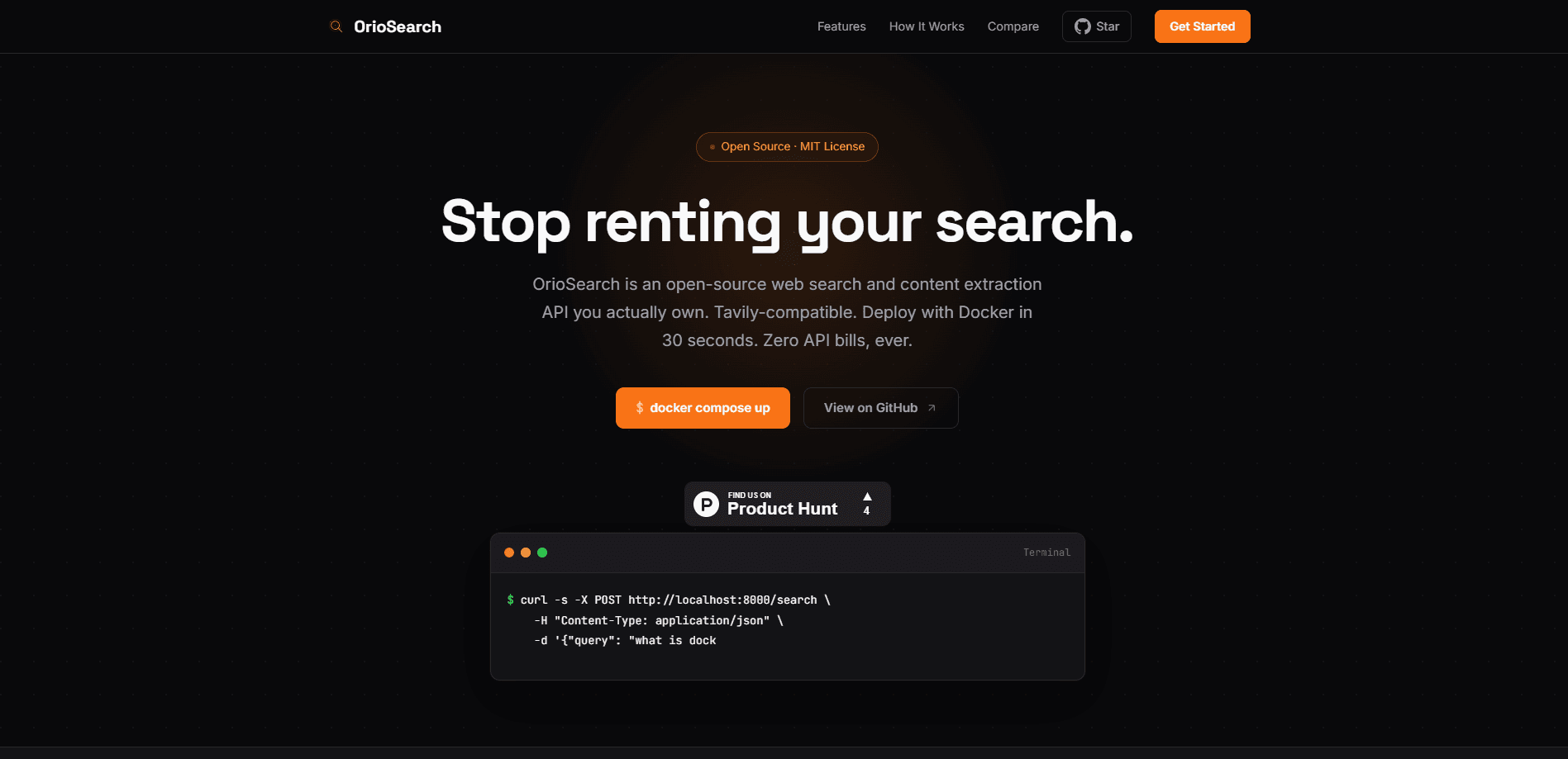 Vista previa de la interfaz de OrioSearch: Your AI Agent need WebSearch