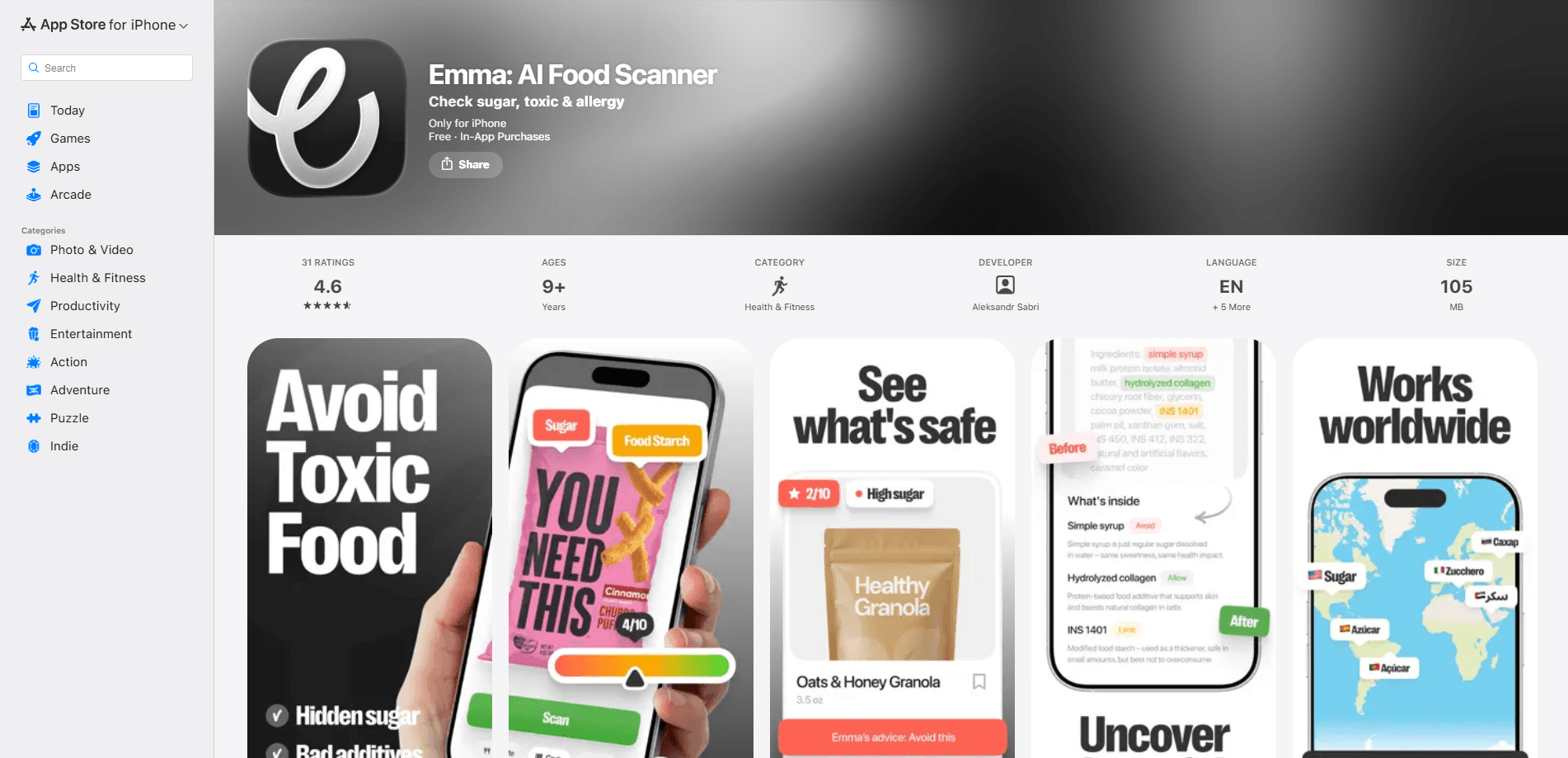 Interface preview of Emma:  AI Food Scanner