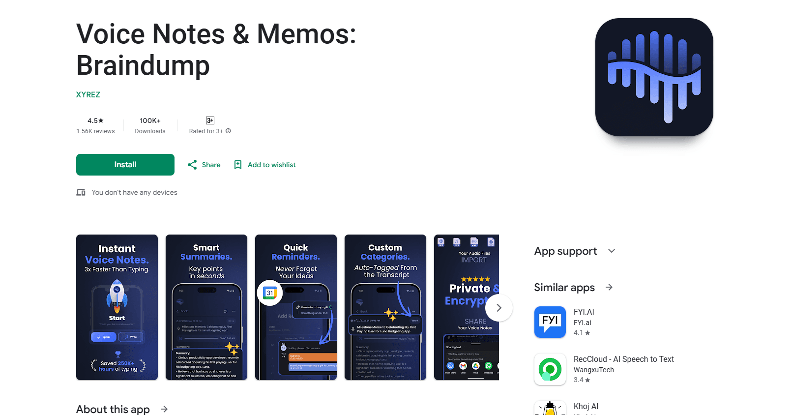 Vista previa de la interfaz de Voice Memo Reminder: Braindump