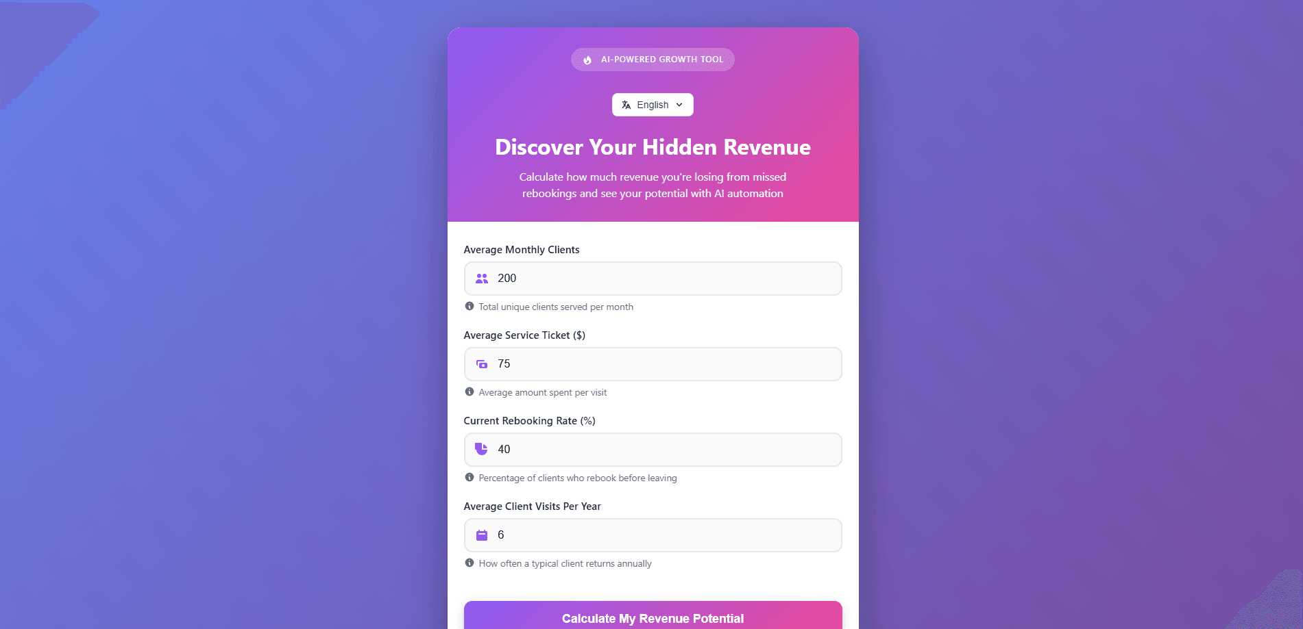 Prévia da interface de Salon Revenue Loss Calculator
