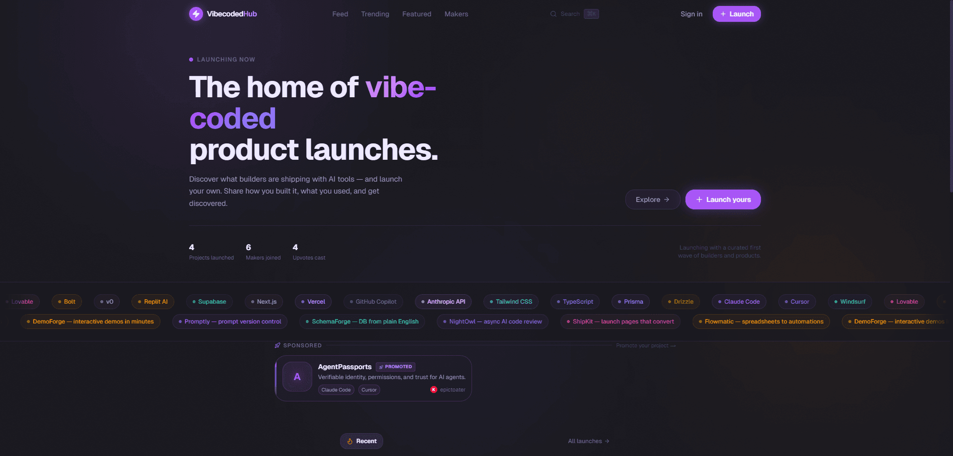 Aperçu de l'interface de VibecodedHub