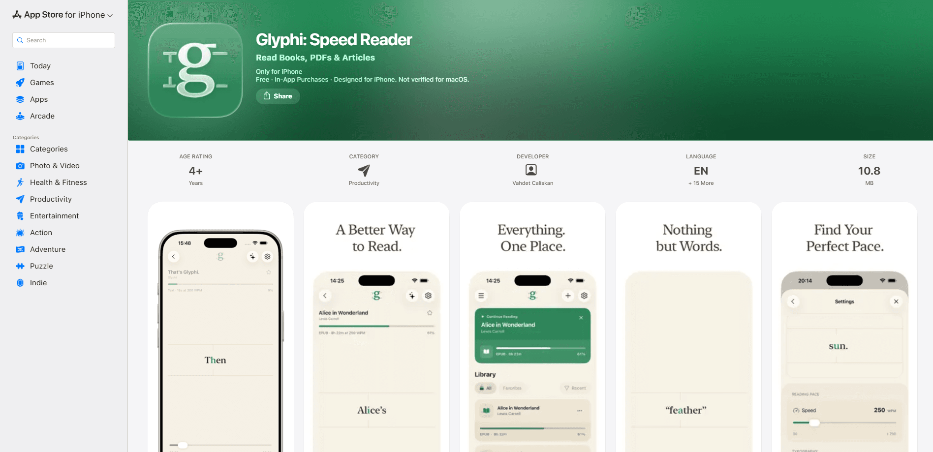 Interface preview of Glyphi: Speed Reader