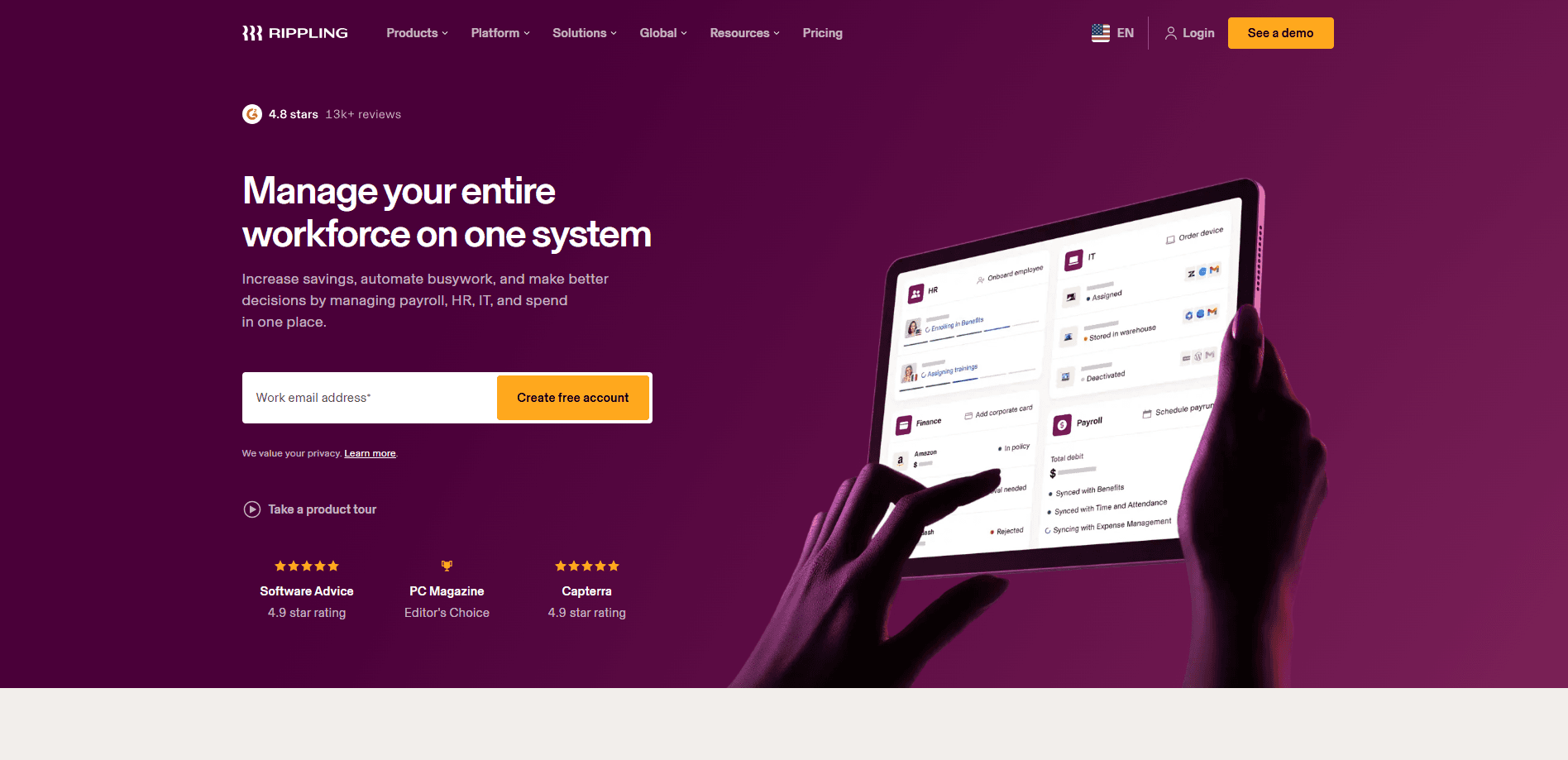 Aperçu de l'interface de Rippling - HR, IT & Finance;