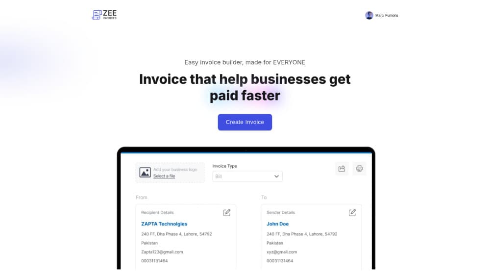Vista previa de la interfaz de ZeeInvoices