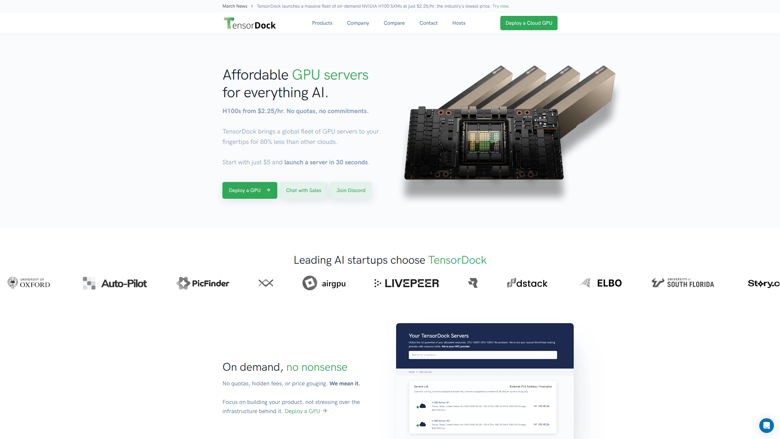Interface preview of Tensordock