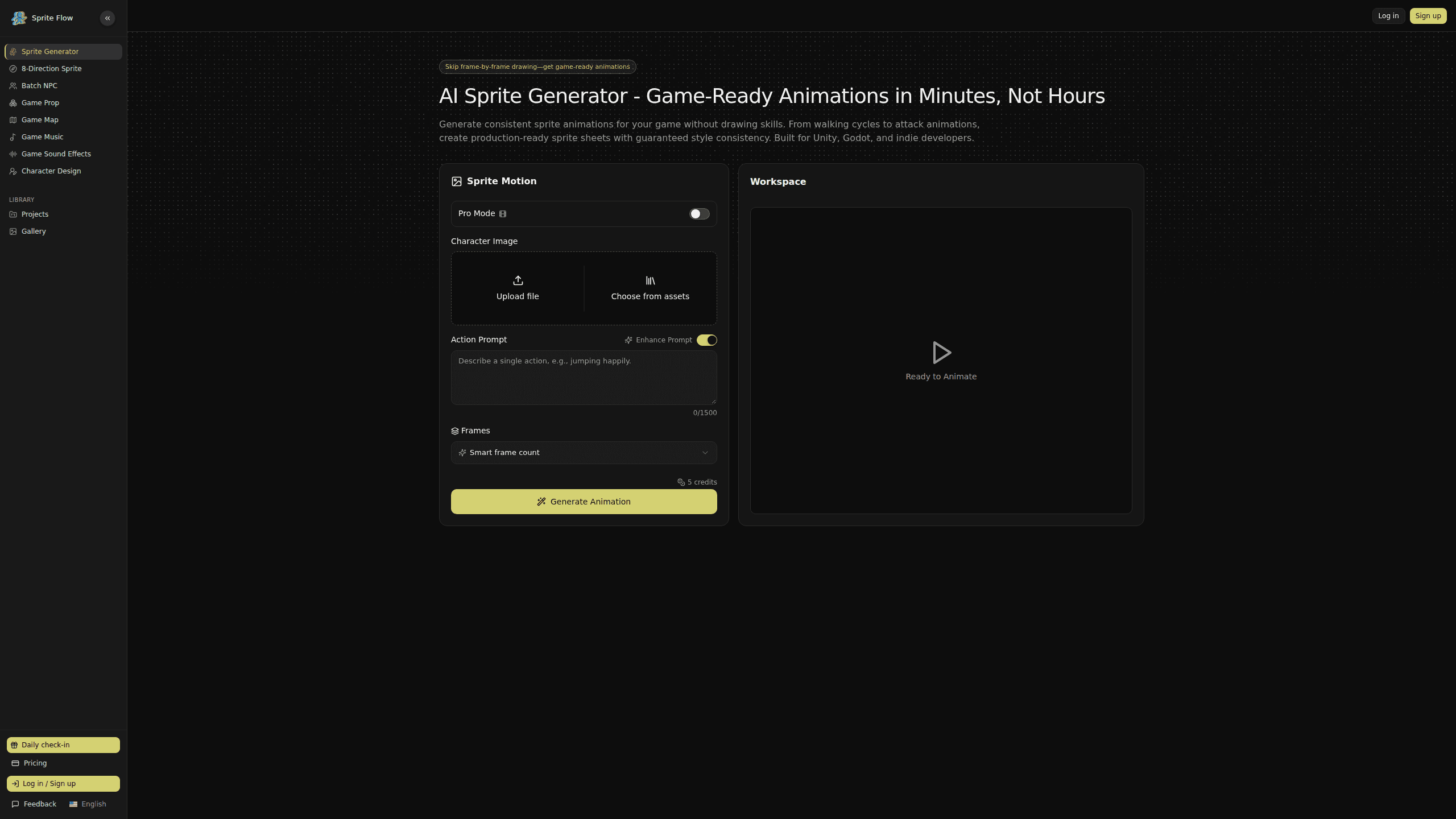 Interface preview of Spriteflow