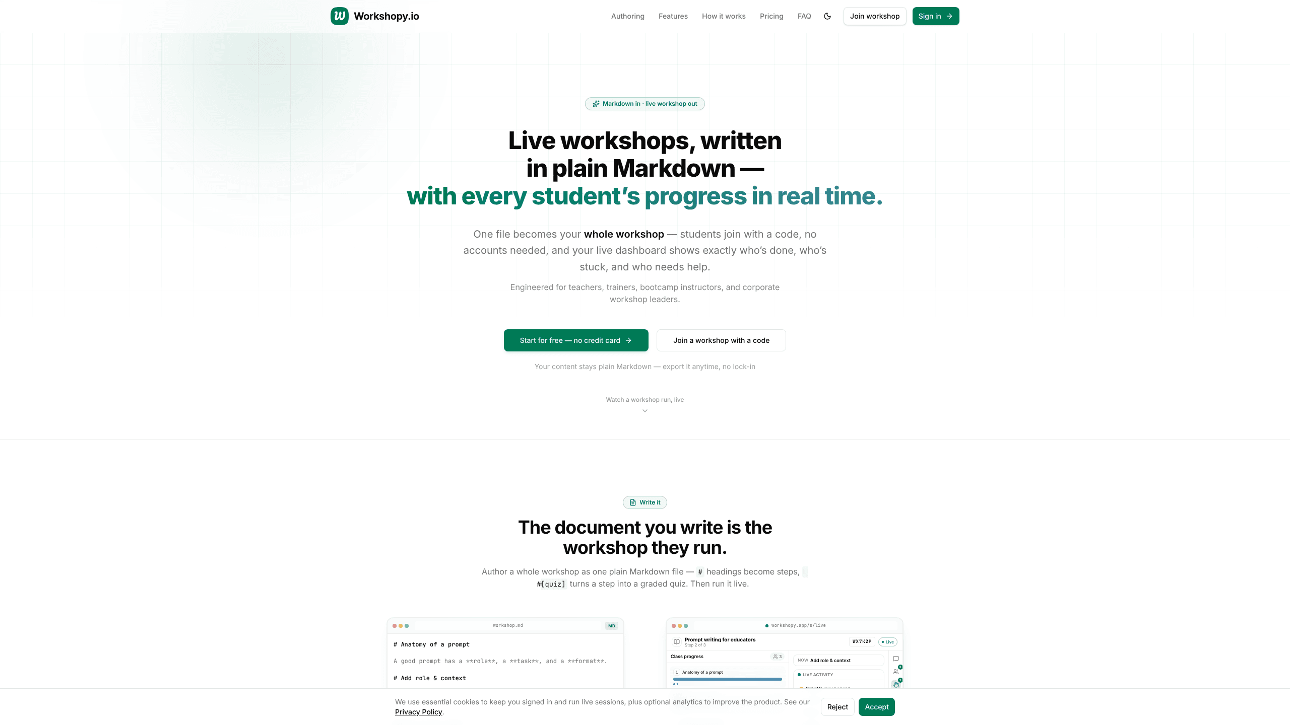Interface preview of Workshopy.io