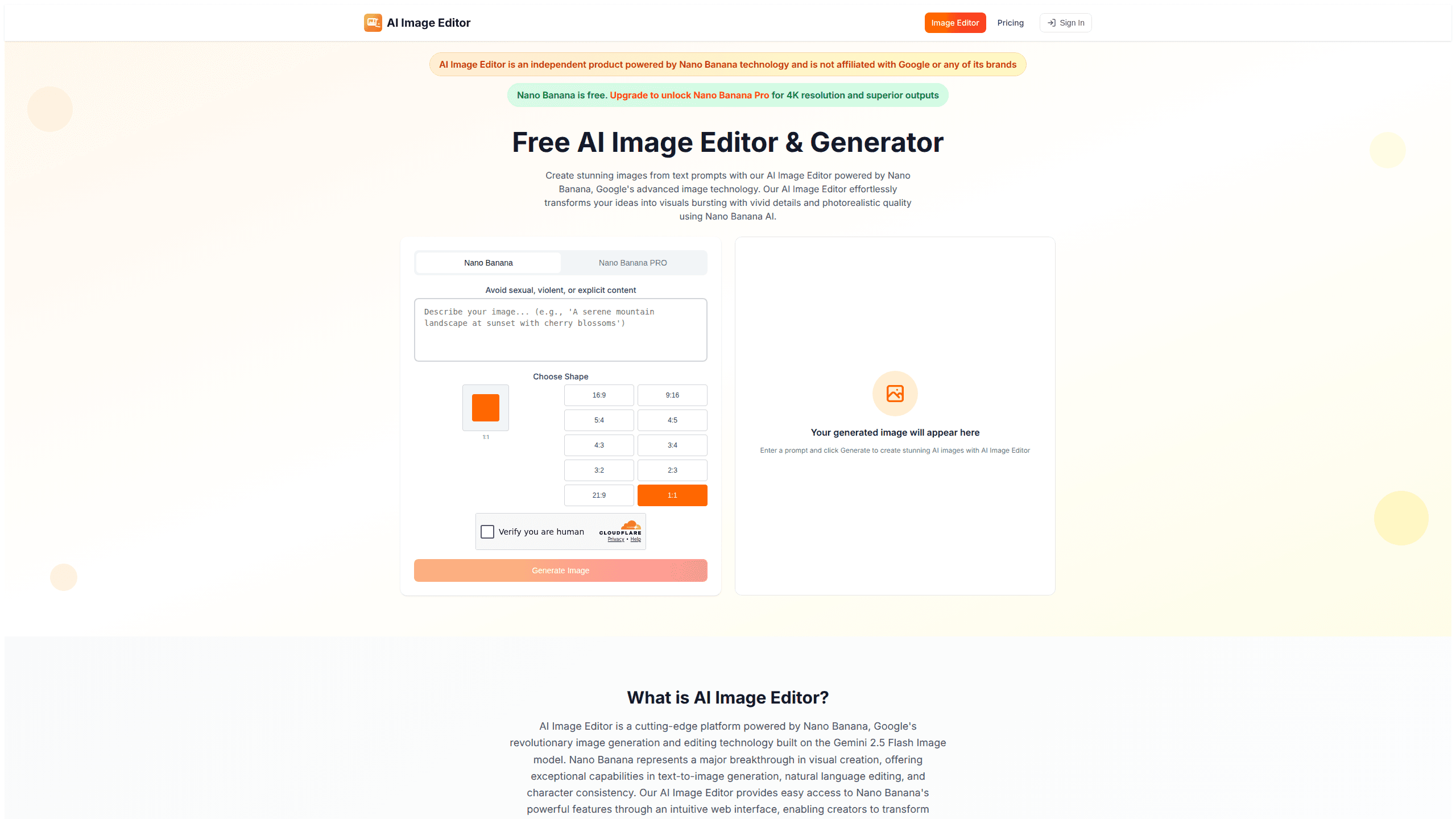 Interface preview of Free AI Image Editor Generator Powered By Nano Banana AI