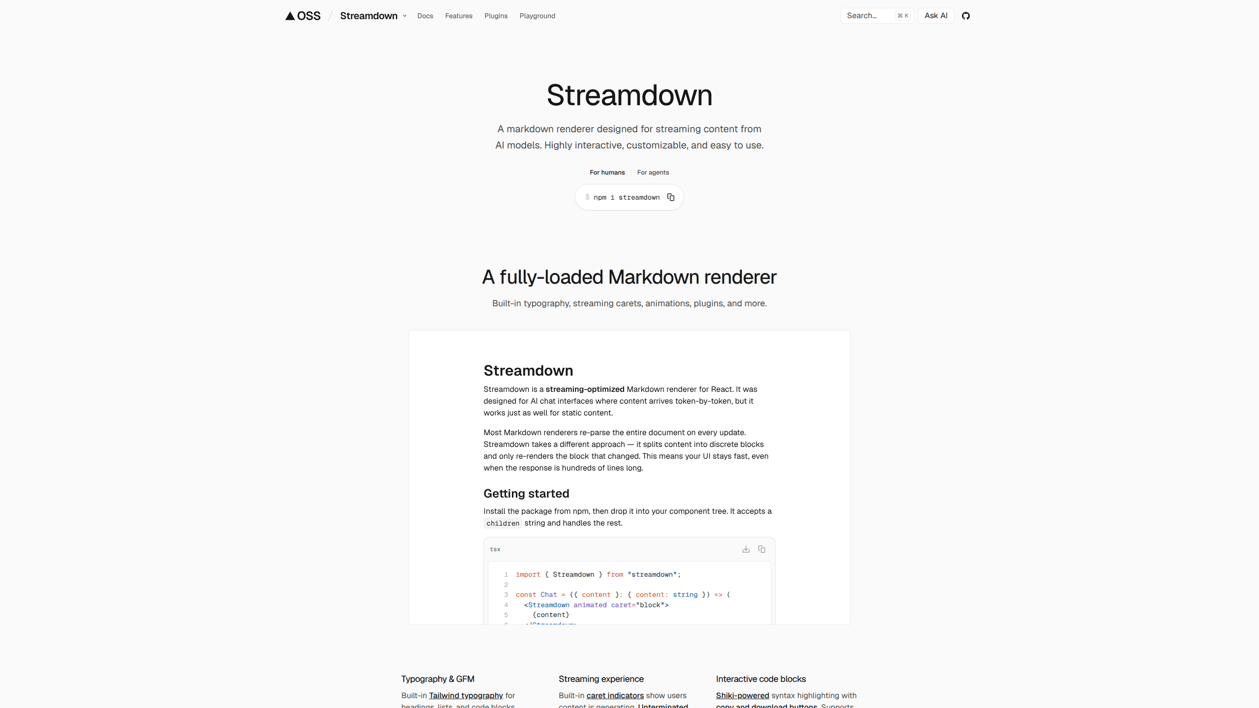 Interface preview of Streamdown