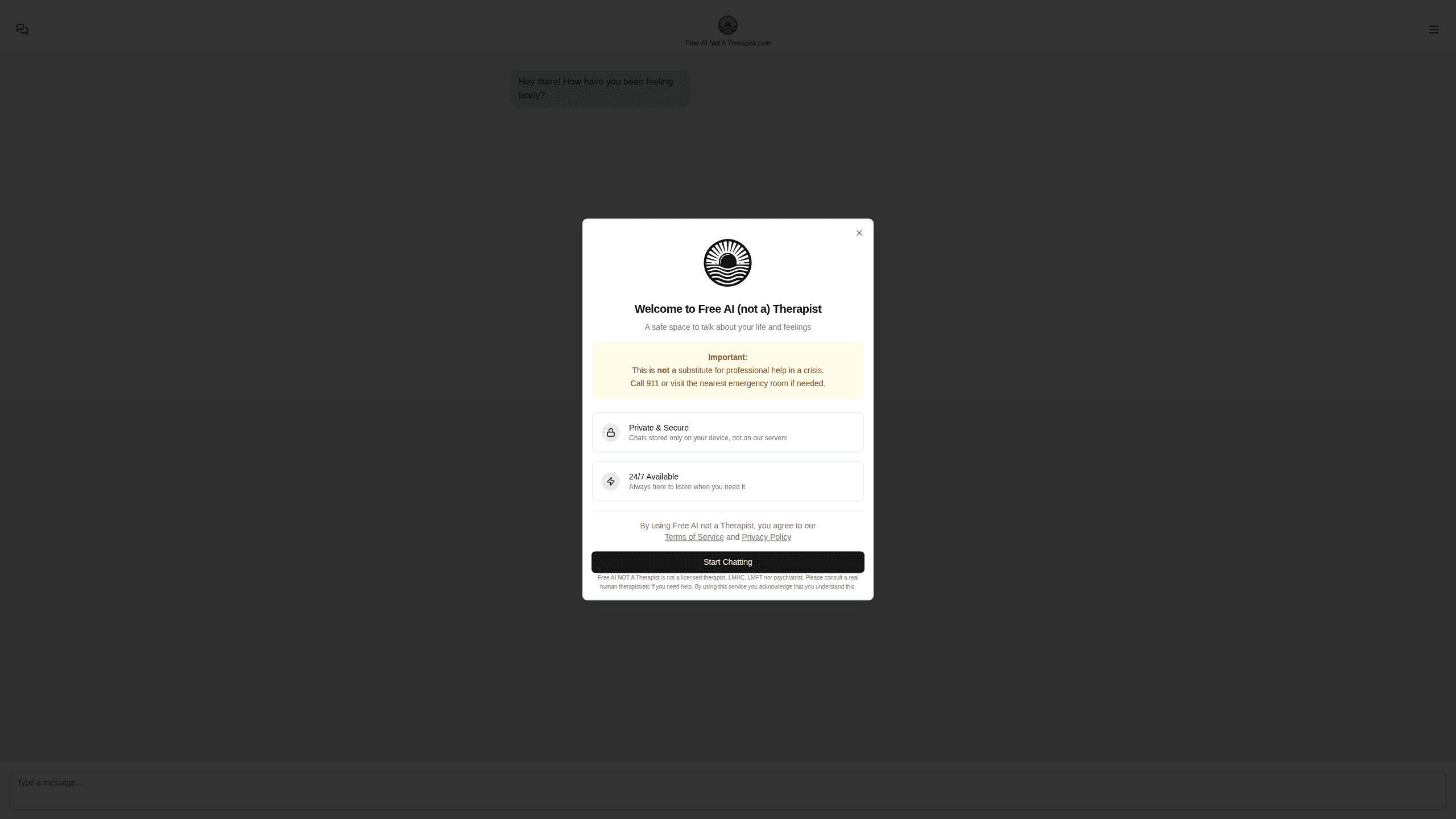 Interface preview of Free AI Not A Therapist