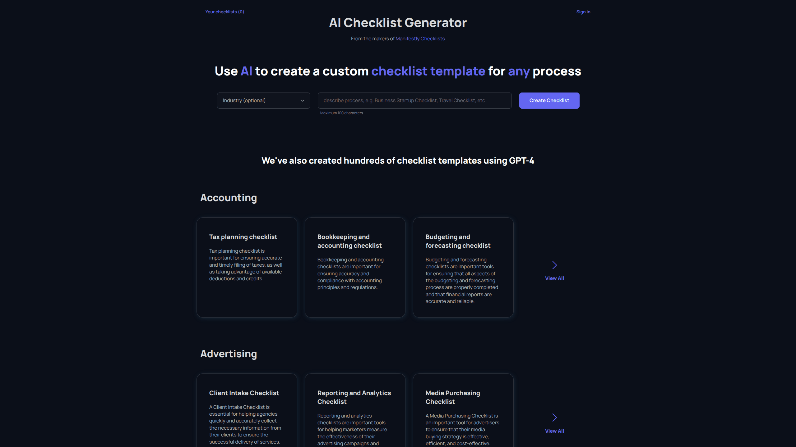 Interface preview of Checklistgenerator AI