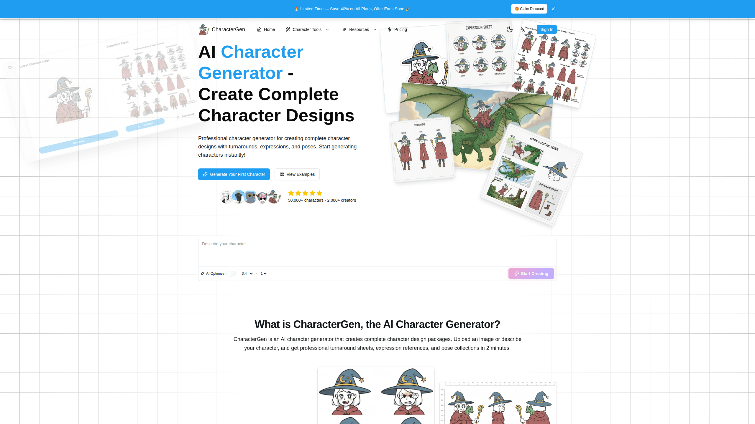 Aperçu de l'interface de Charactergen