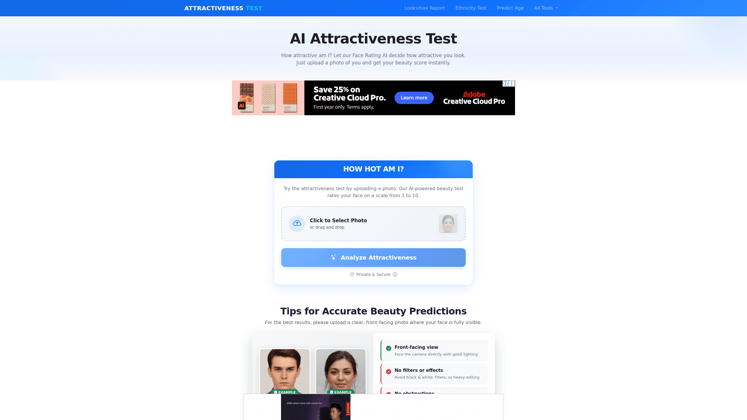 Interface preview of Attractiveness Test
