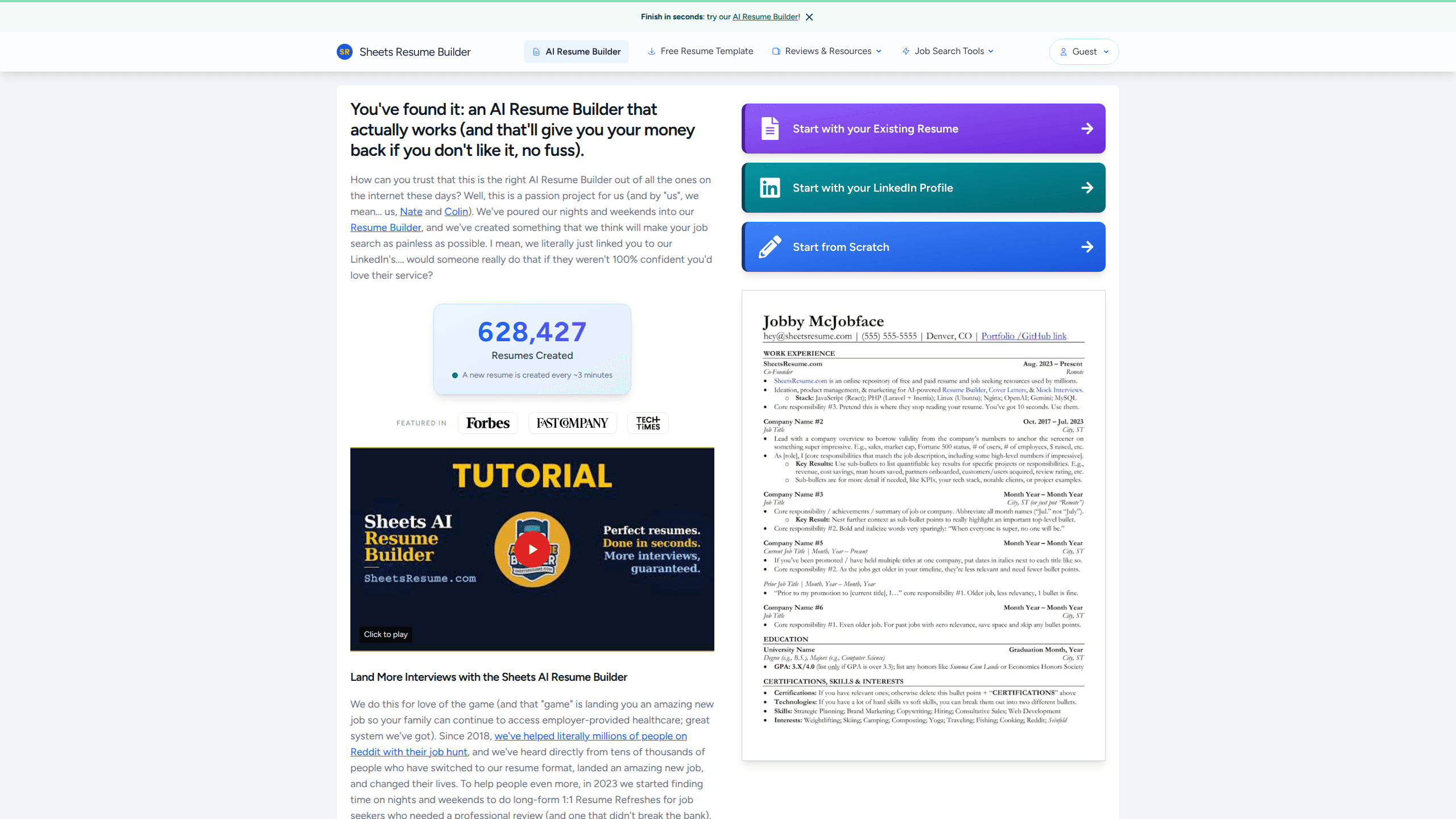 Interface preview of Sheets AI Resume Builder