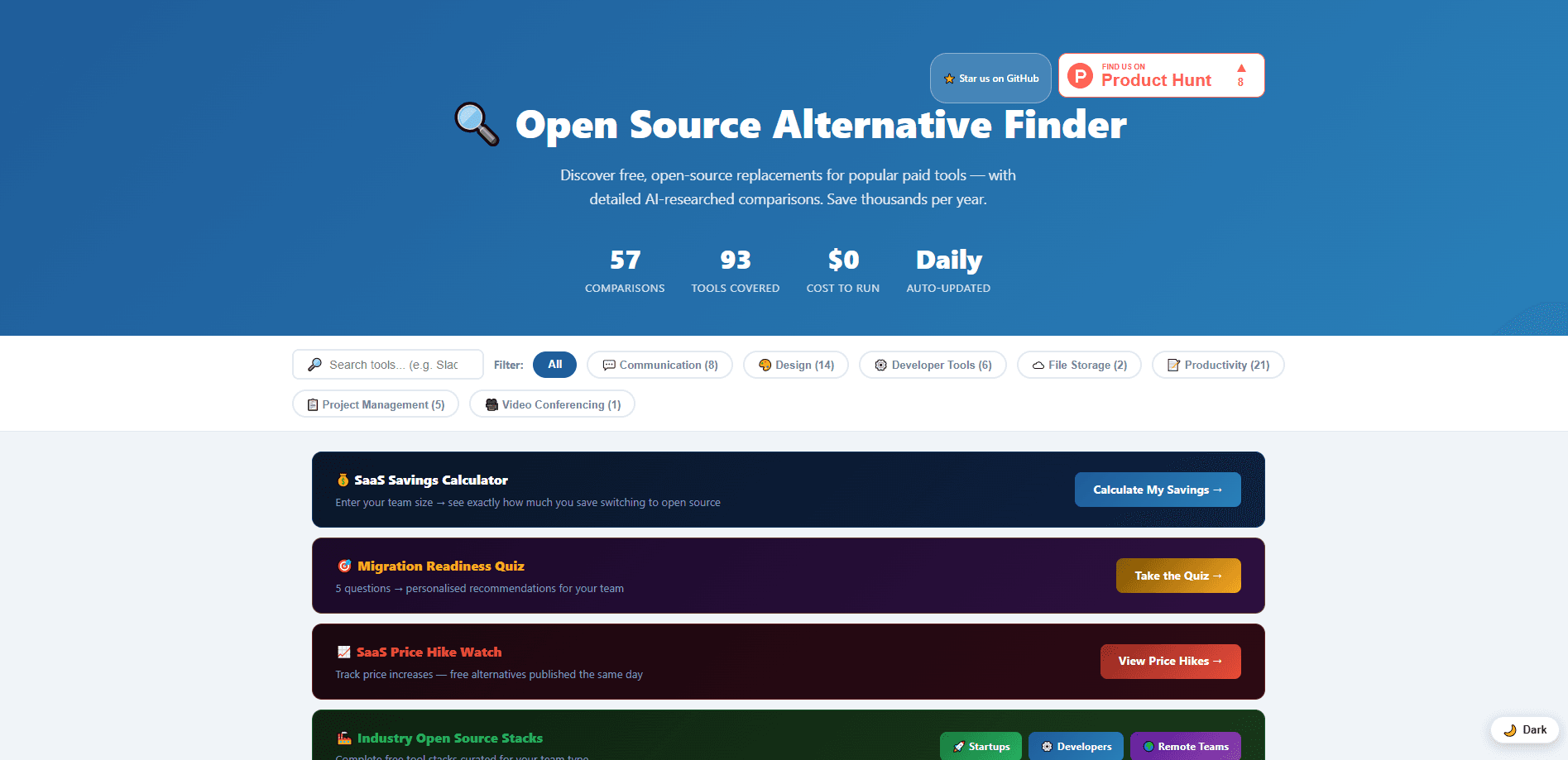 Vorschau der Oberfläche von Open Source Alternative Finder