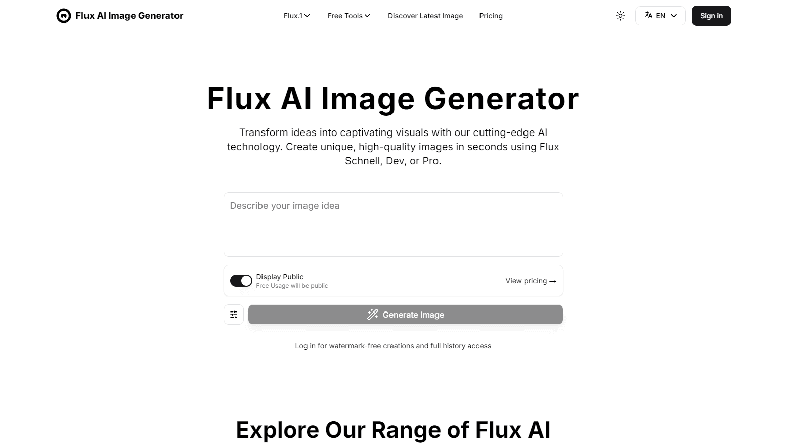 Vista previa de la interfaz de Flux AI Image Generator Free Online