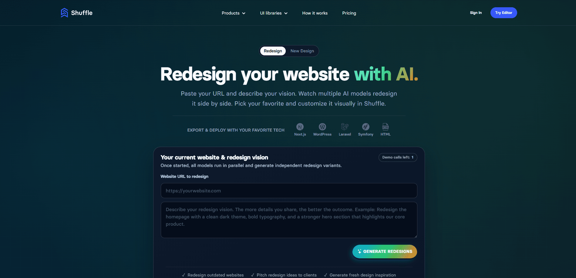 Vista previa de la interfaz de AI Website Redesign by Shuffle