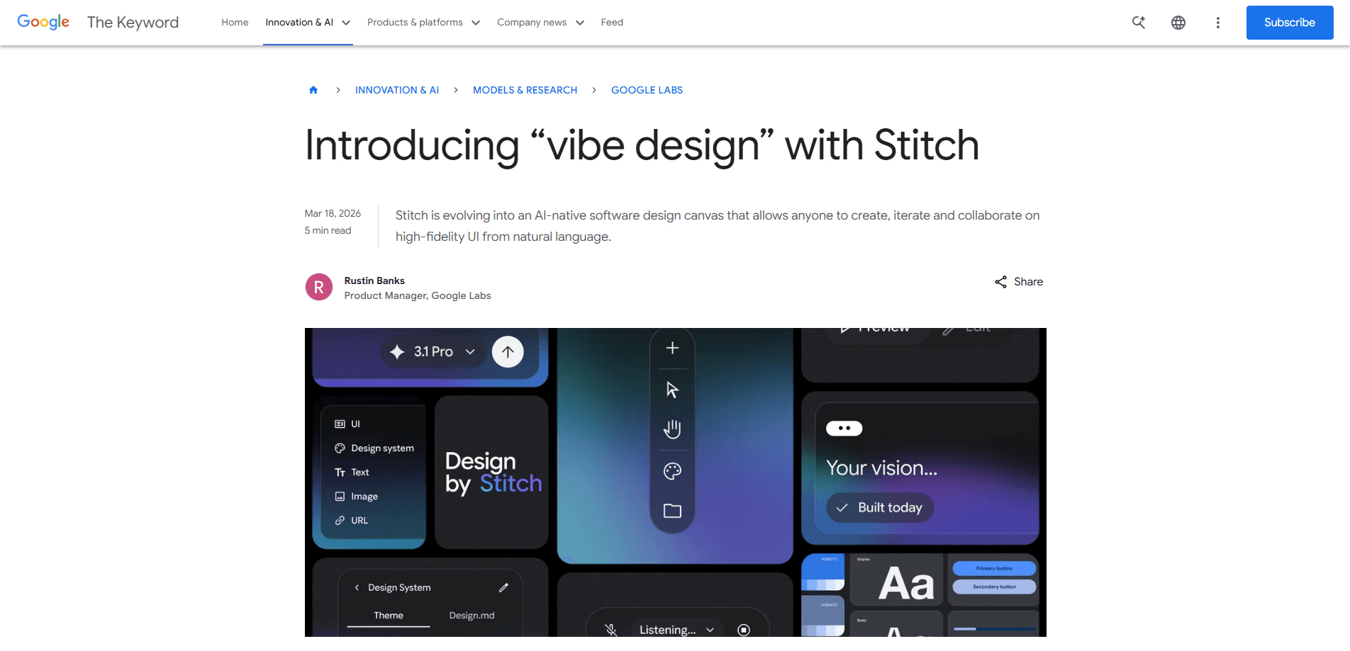 Vista previa de la interfaz de Stitch 2.0 by Google