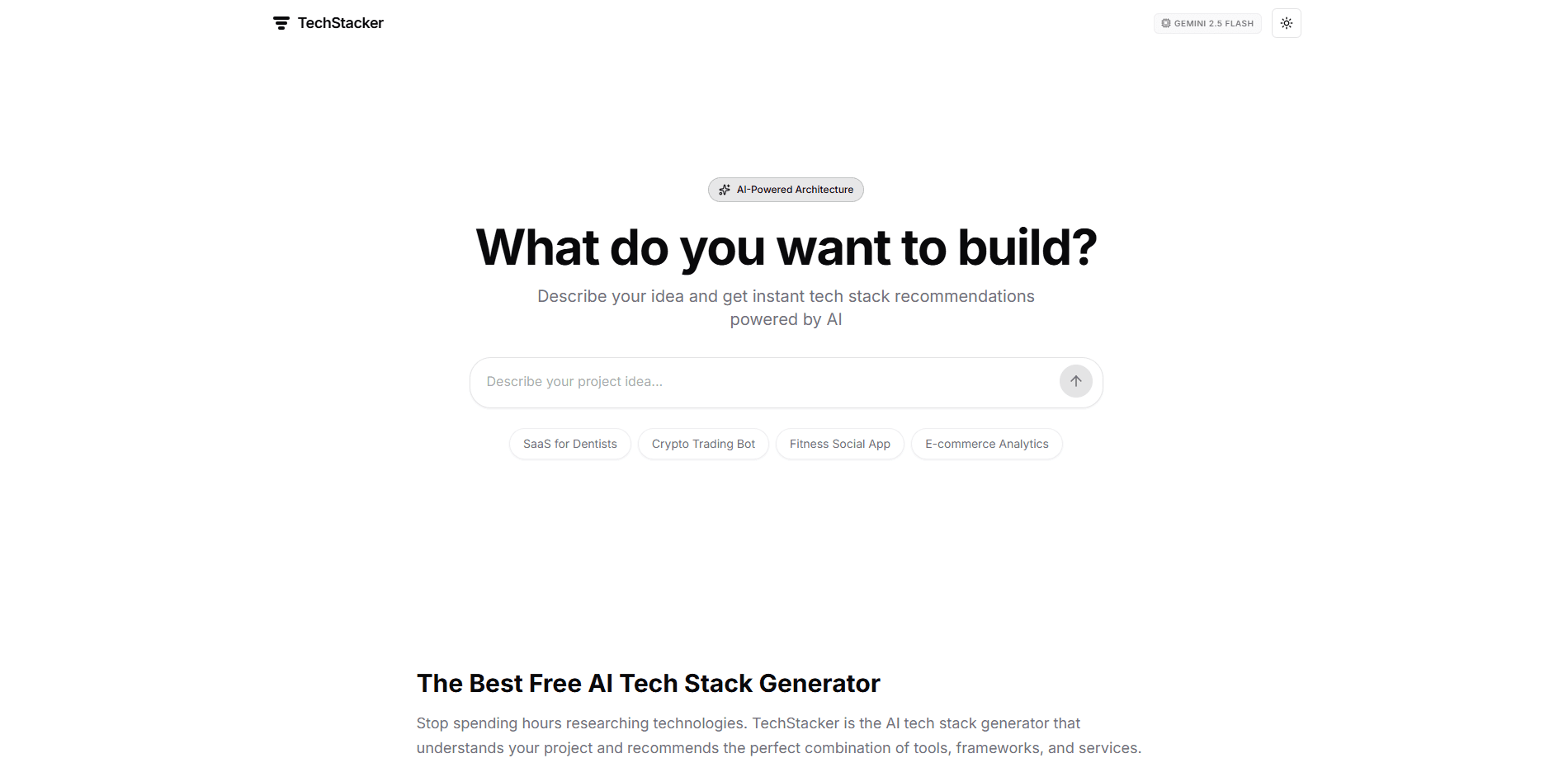 Vista previa de la interfaz de TechStacker – AI Tech Stack Generator