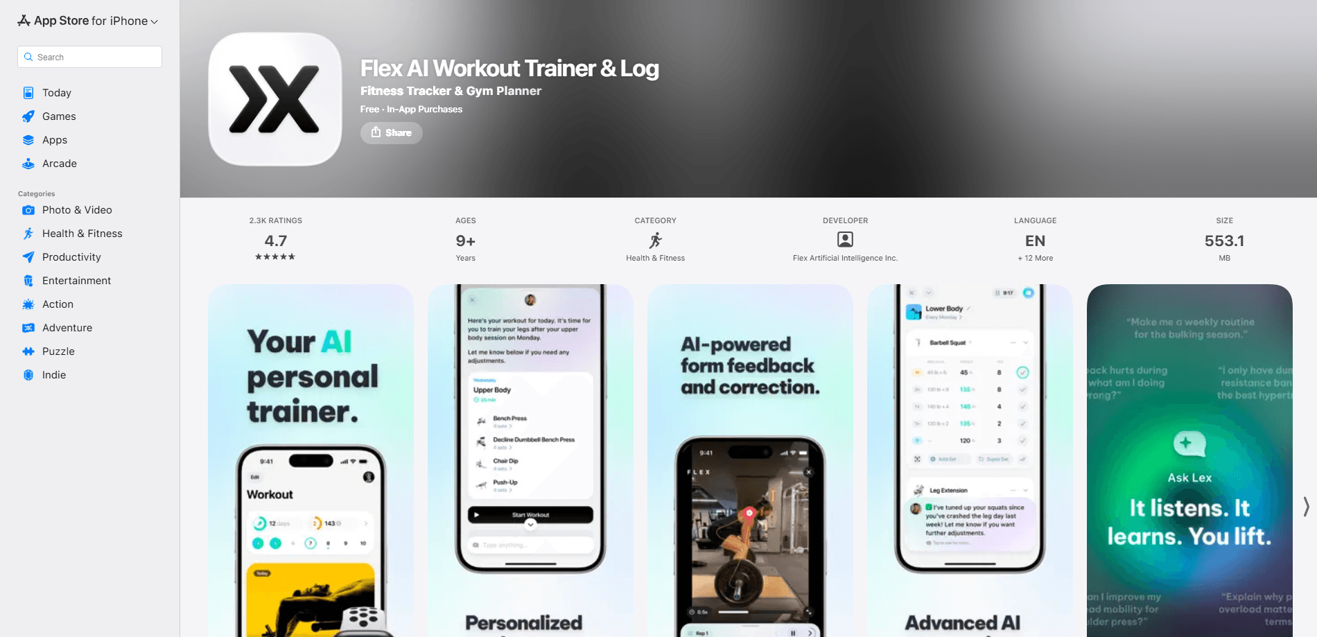 Interface preview of Flex AI: Your AI Personal Trainer