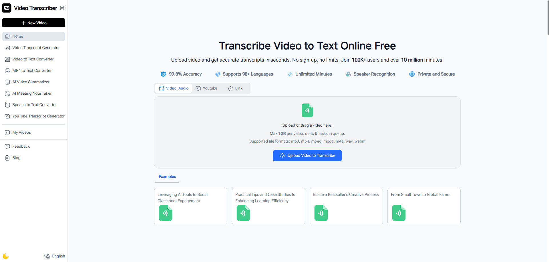 Vista previa de la interfaz de Video Transcriber AI