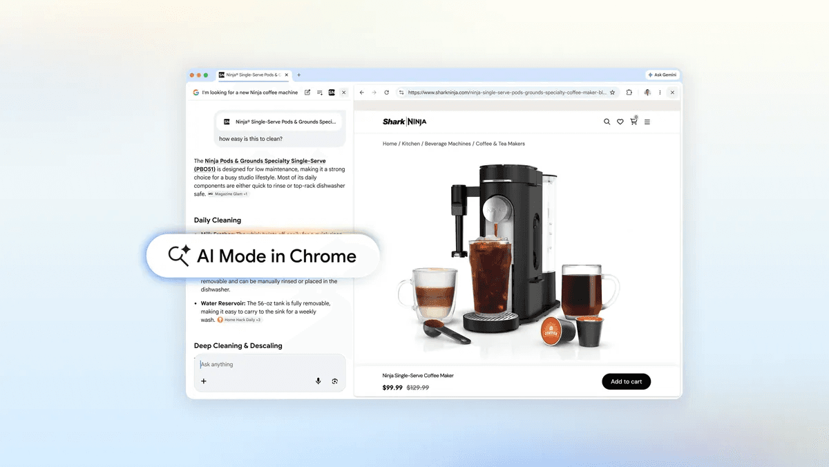 Aperçu de l'interface de AI Mode in Chrome