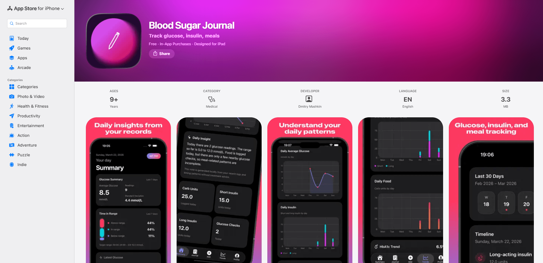 Interface preview of Blood Sugar Journal