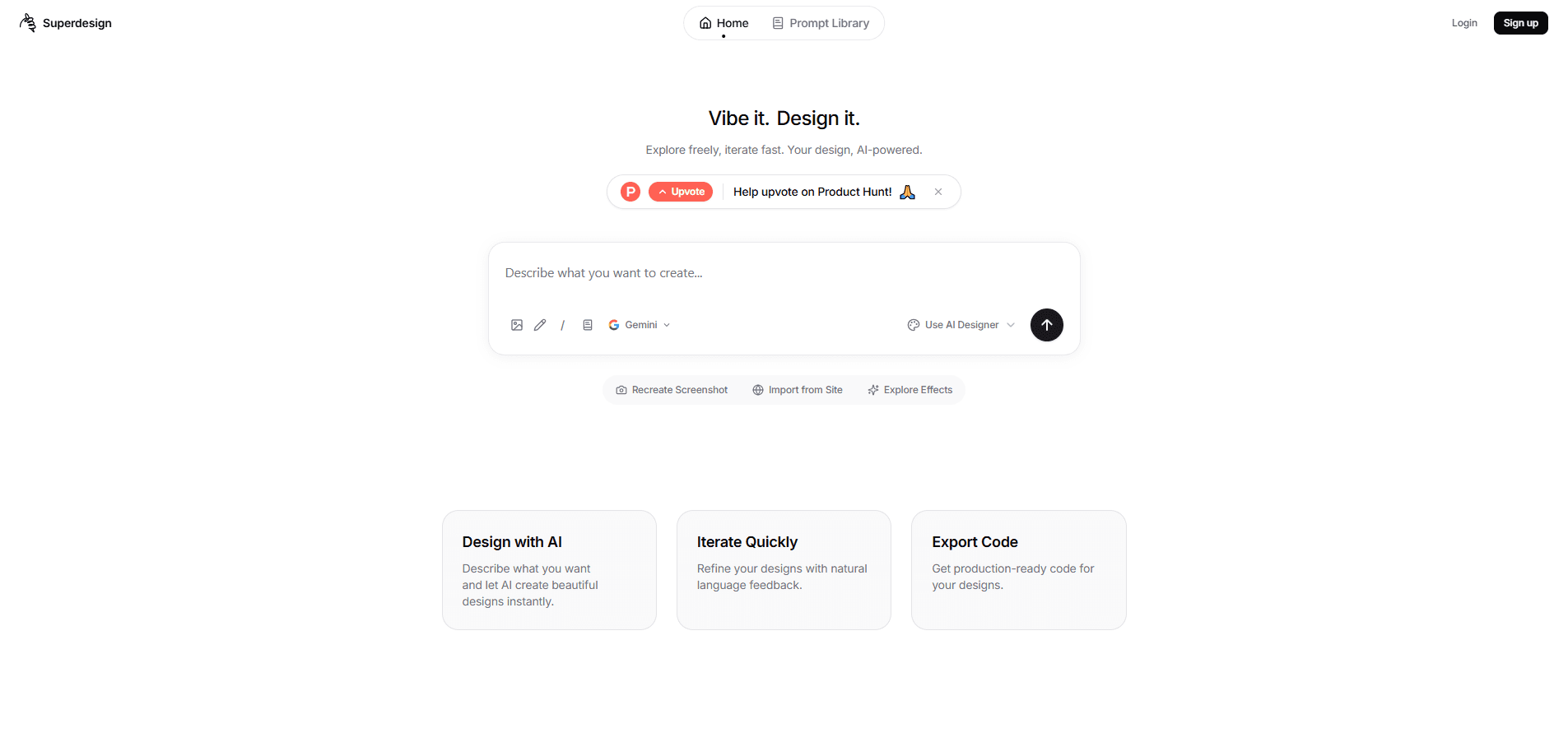Interface preview of Superdesign Prompt Library