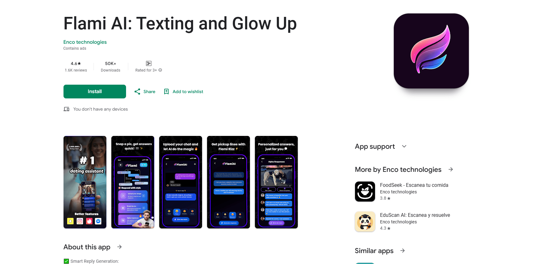 Interface preview of Flami AI: Texting and Glow Up