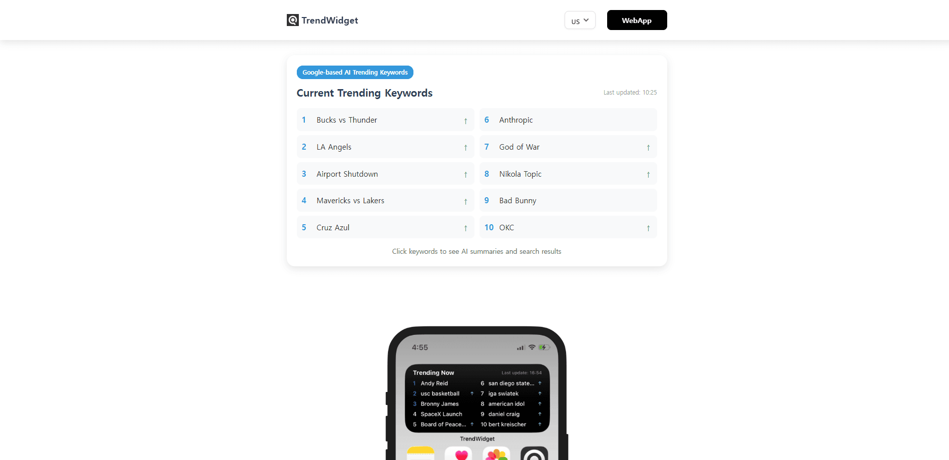 Vista previa de la interfaz de TrendWidget: AI Search & News