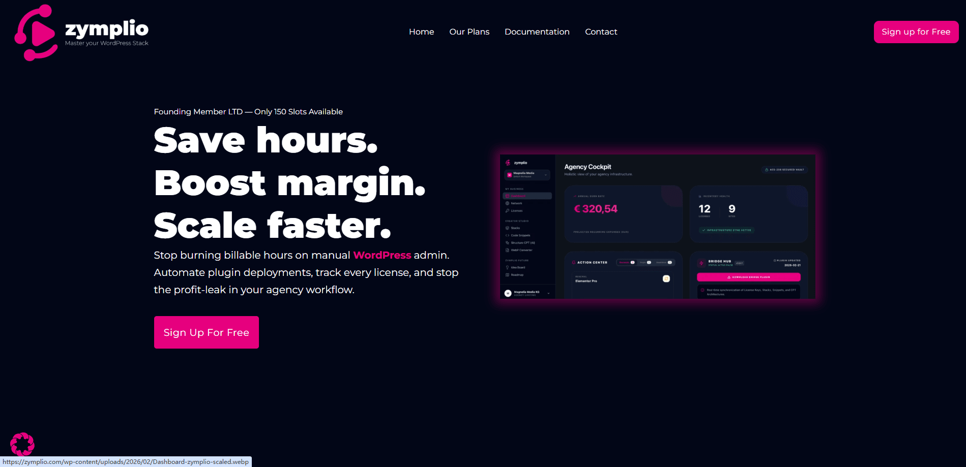 Vista previa de la interfaz de zymplio: Master your WordPress Stack