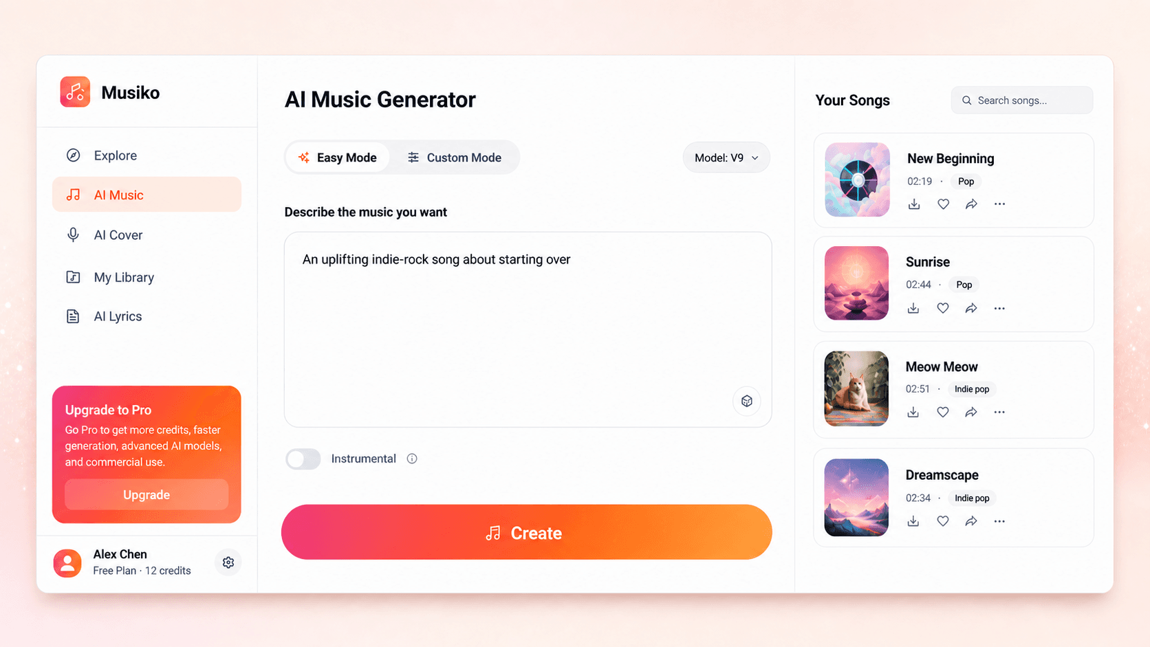 Prévia da interface de Musiko AI